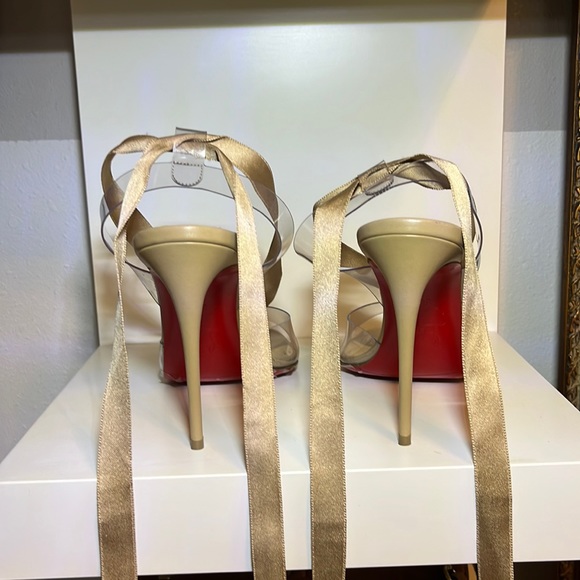 Louboutin Marie Edwina 100 Nude stilettos ribbon ostrich feathers pvc naked  1 - Picture 2 of 14